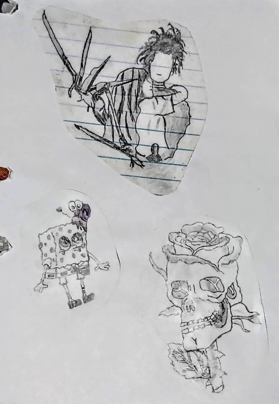 edward mãos de tesoura, caveira flor e bob esponja